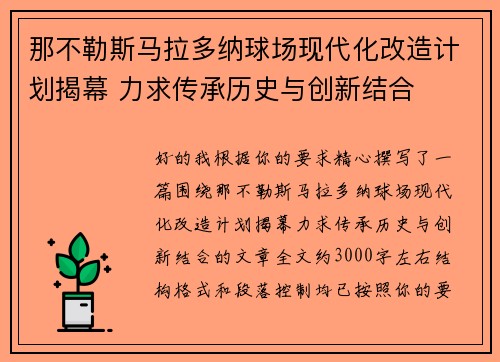 那不勒斯马拉多纳球场现代化改造计划揭幕 力求传承历史与创新结合